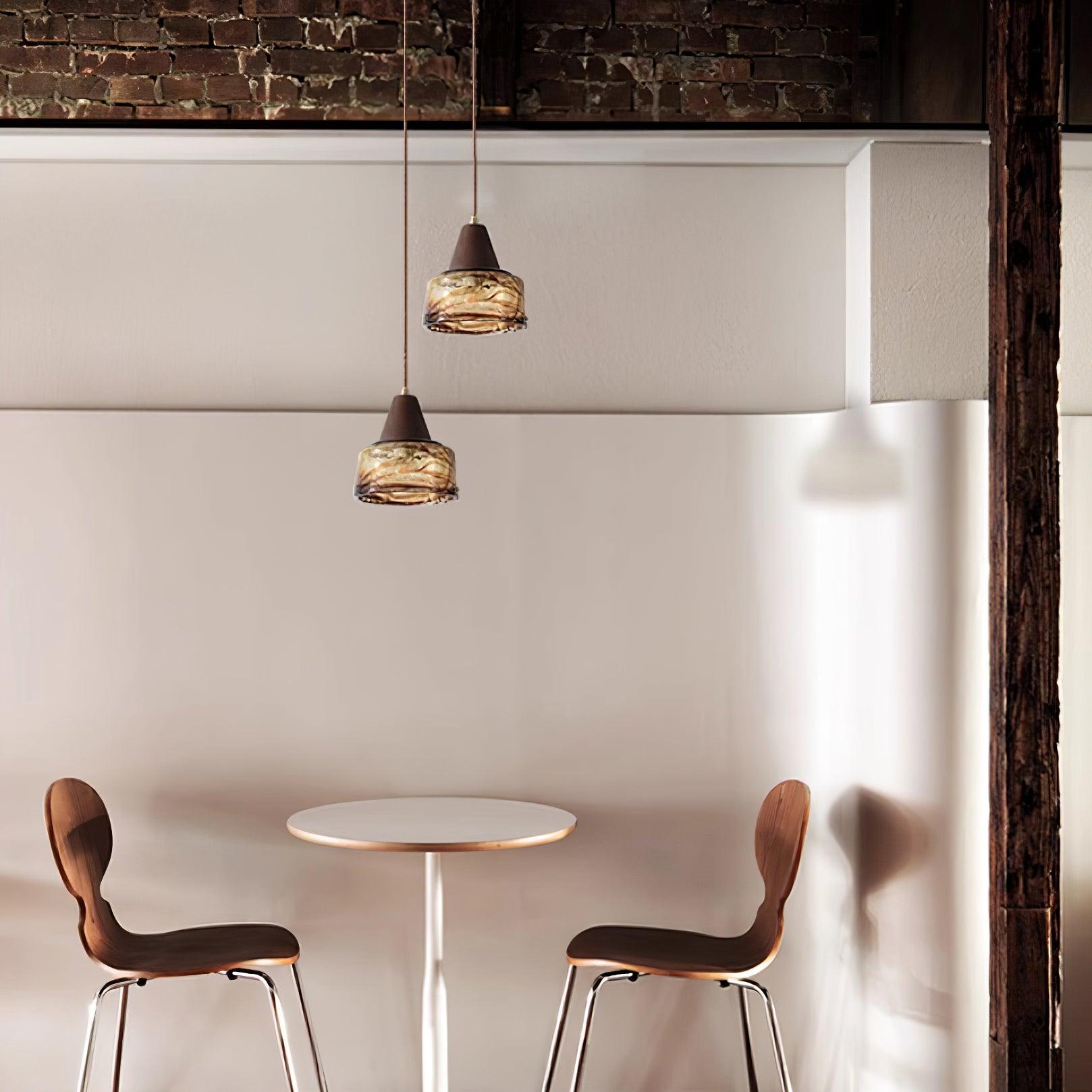 Pendant Lamp Amber Glass Shade Wood Top Vintage Artistic - Letslighting
