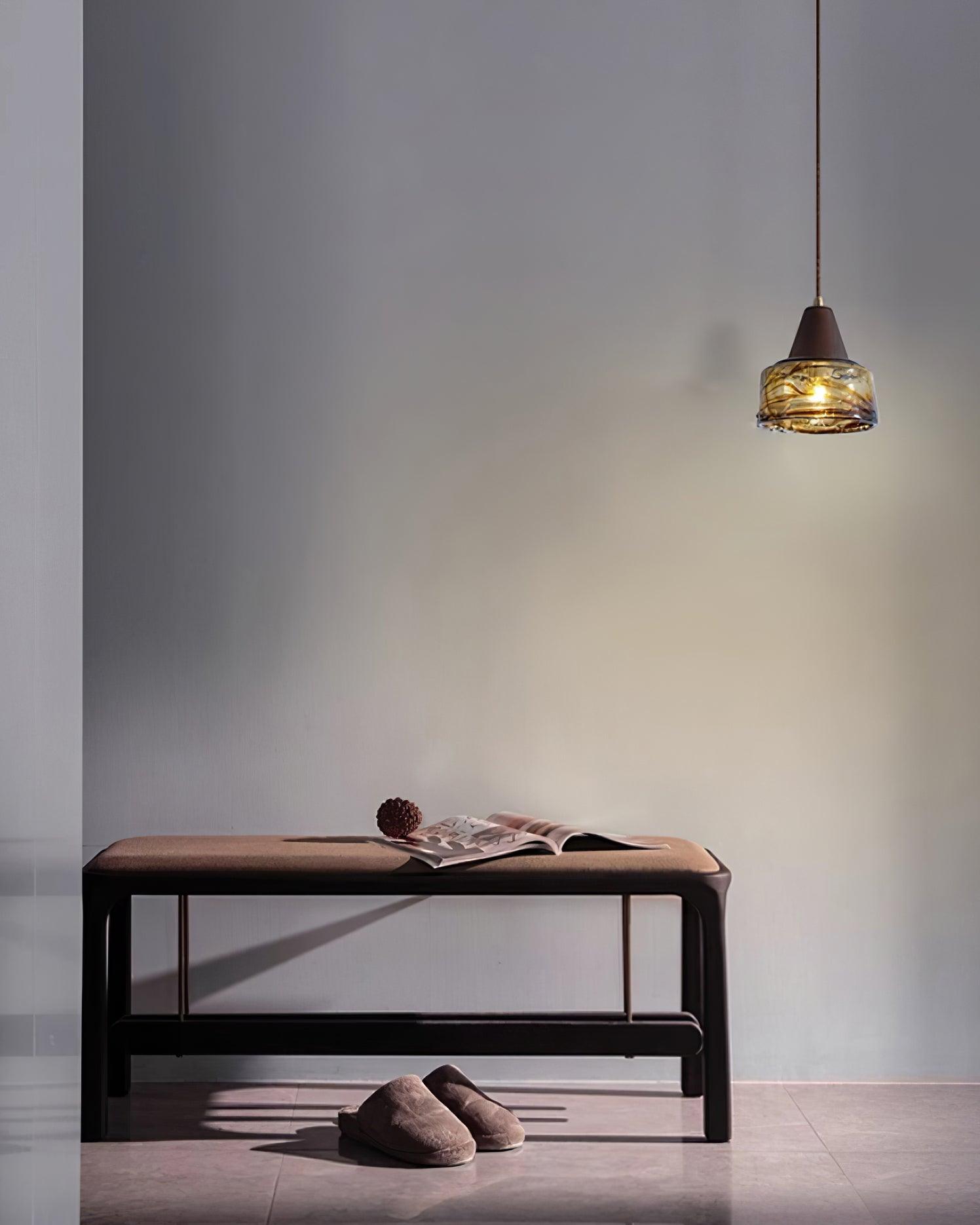 Pendant Lamp Amber Glass Shade Wood Top Vintage Artistic - Letslighting