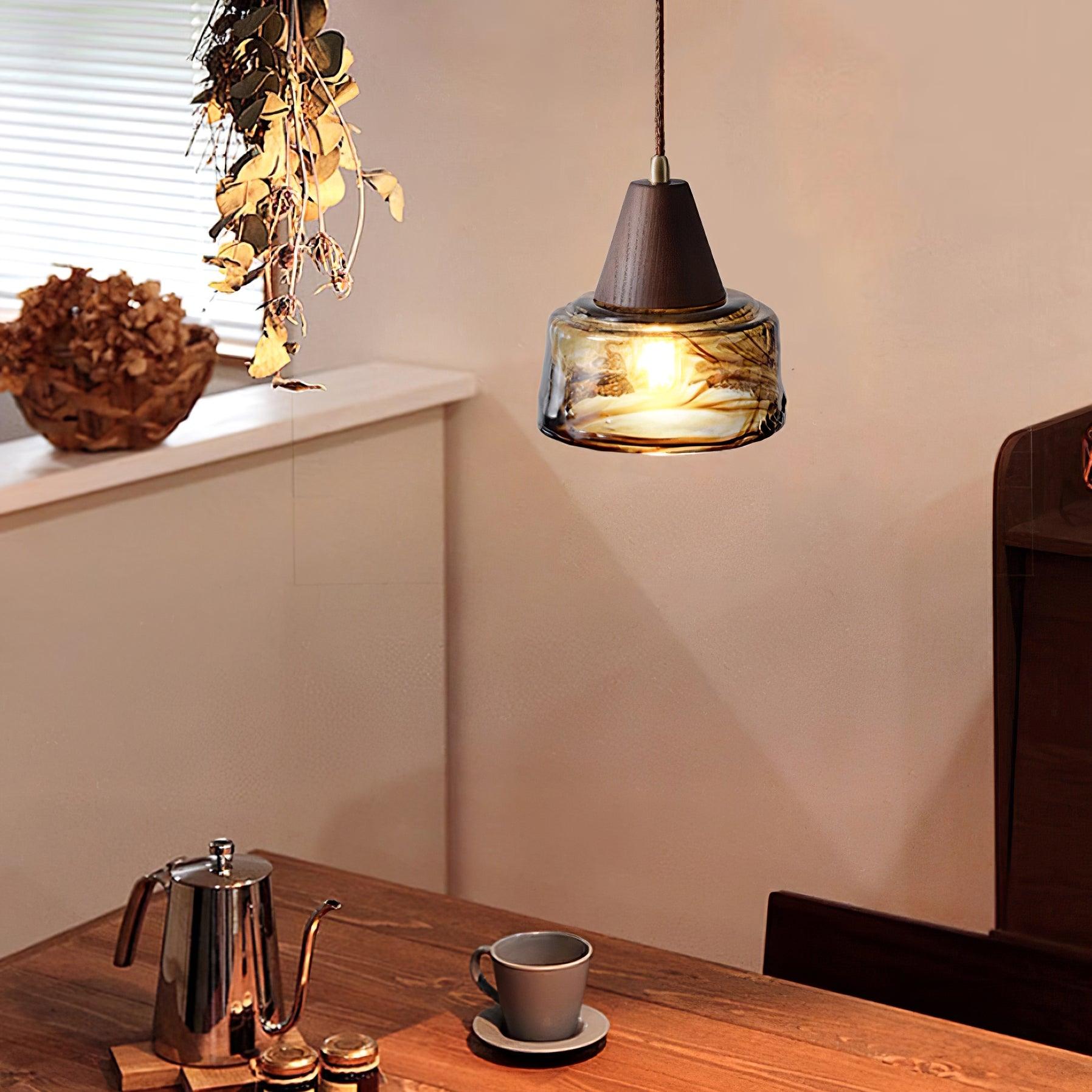 Pendant Lamp Amber Glass Shade Wood Top Vintage Artistic - Letslighting