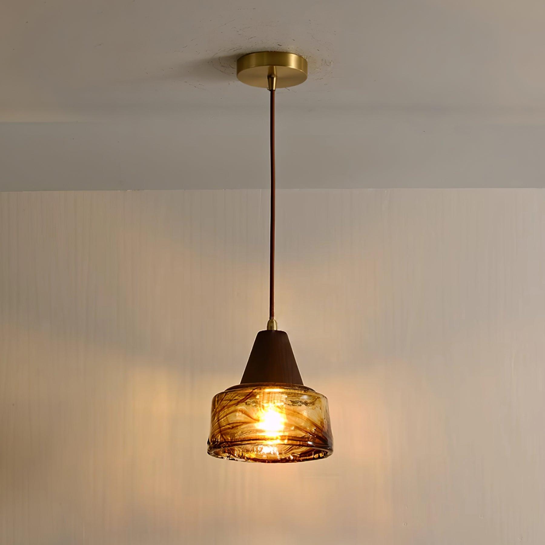 Pendant Lamp Amber Glass Shade Wood Top Vintage Artistic - Letslighting