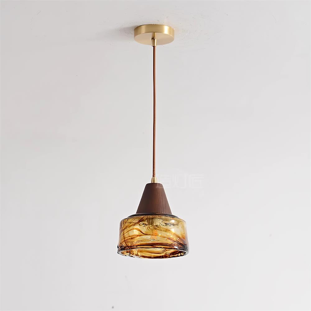 Pendant Lamp Amber Glass Shade Wood Top Vintage Artistic - Letslighting
