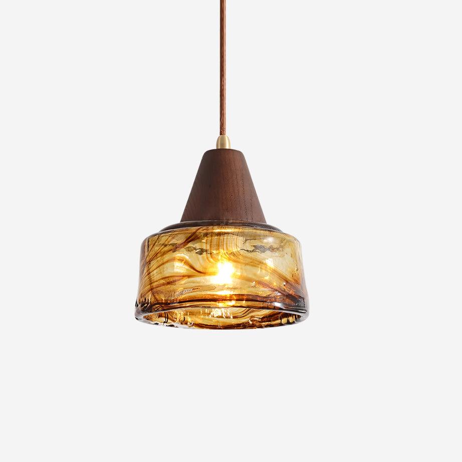 Pendant Lamp Amber Glass Shade Wood Top Vintage Artistic - Letslighting