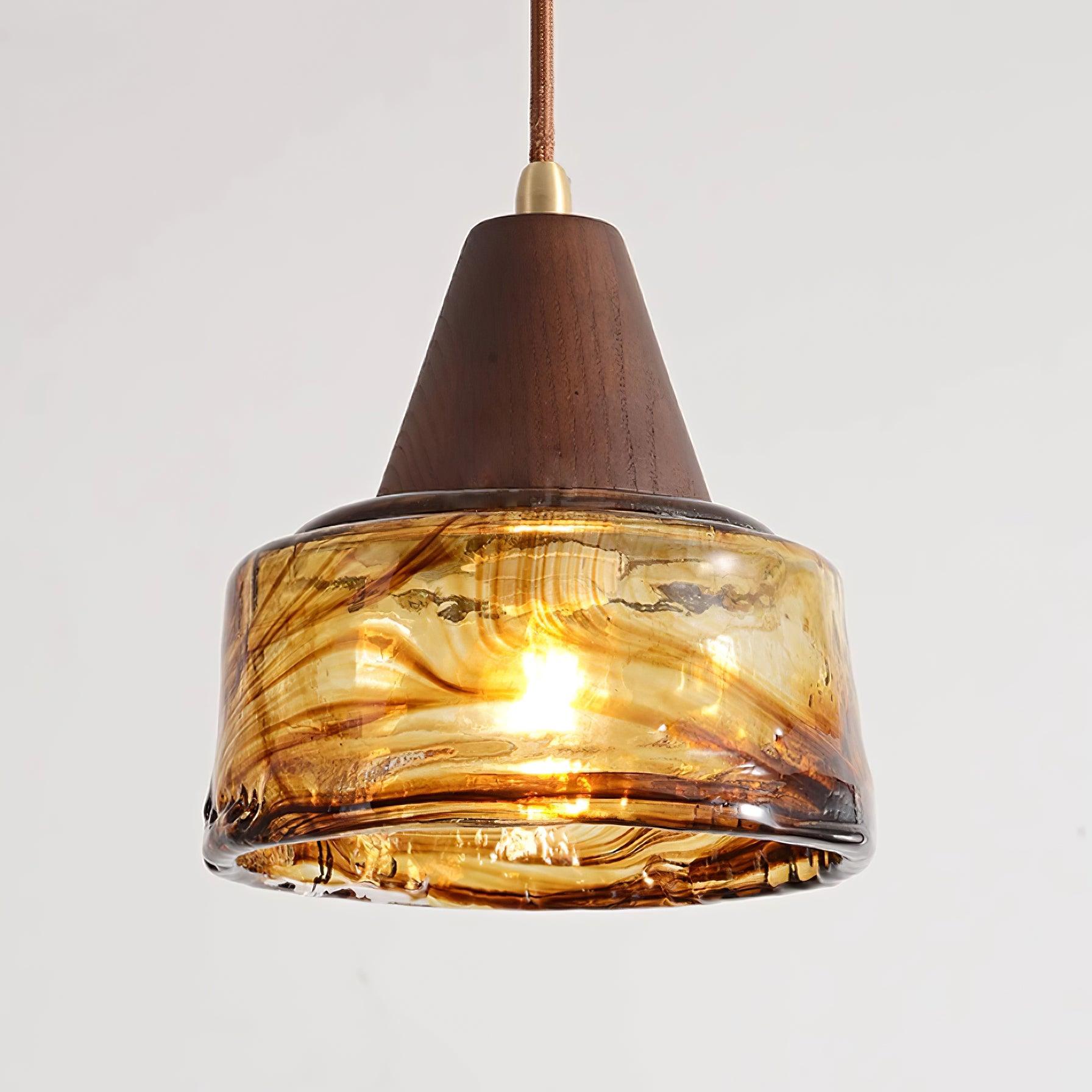 Pendant Lamp Amber Glass Shade Wood Top Vintage Artistic - Letslighting