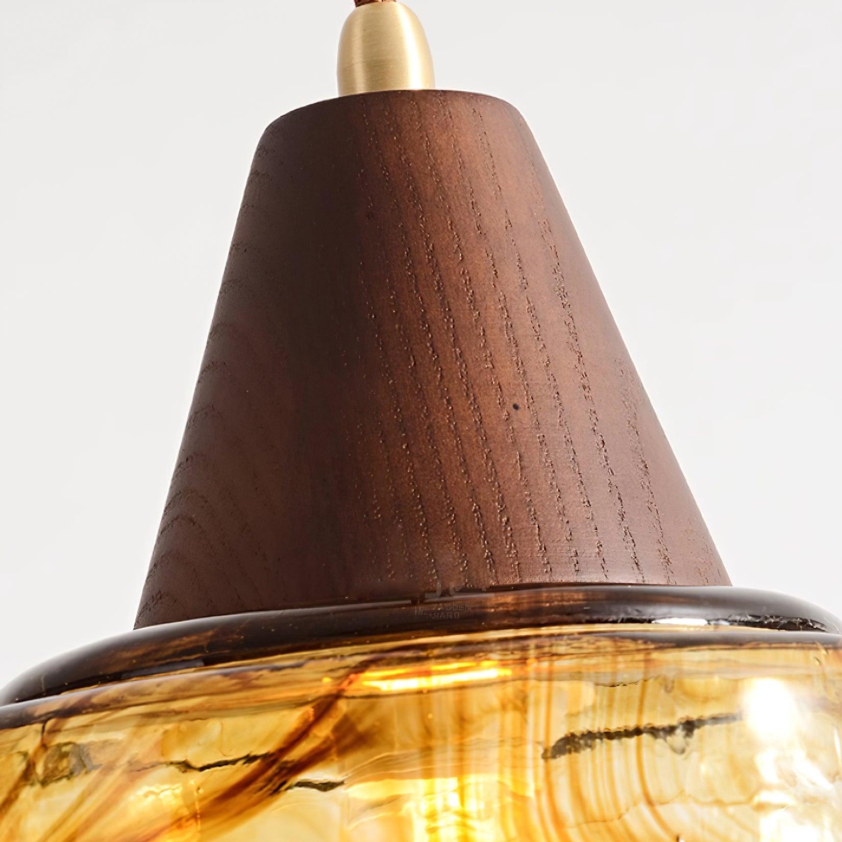 Pendant Lamp Amber Glass Shade Wood Top Vintage Artistic - Letslighting