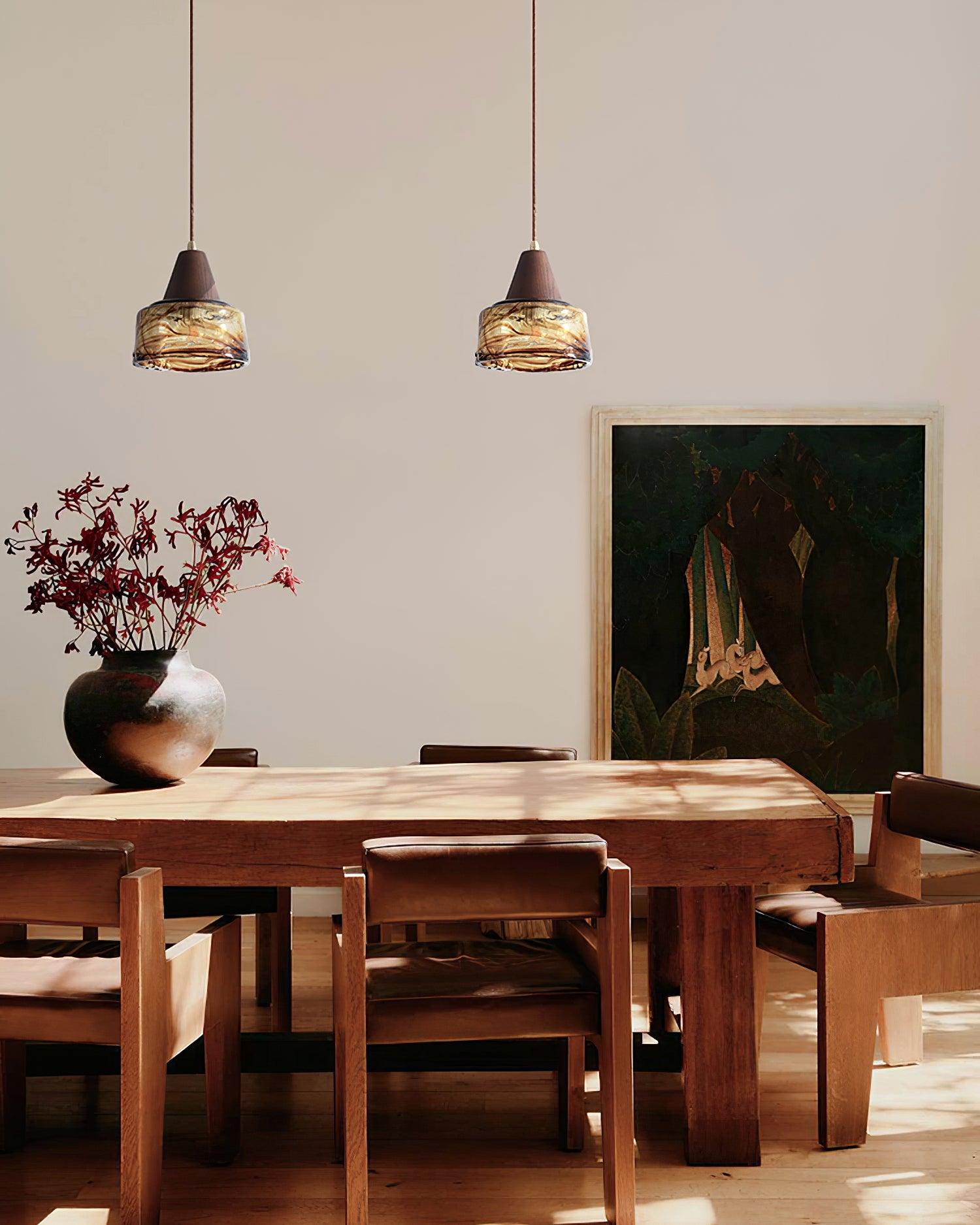 Pendant Lamp Amber Glass Shade Wood Top Vintage Artistic - Letslighting