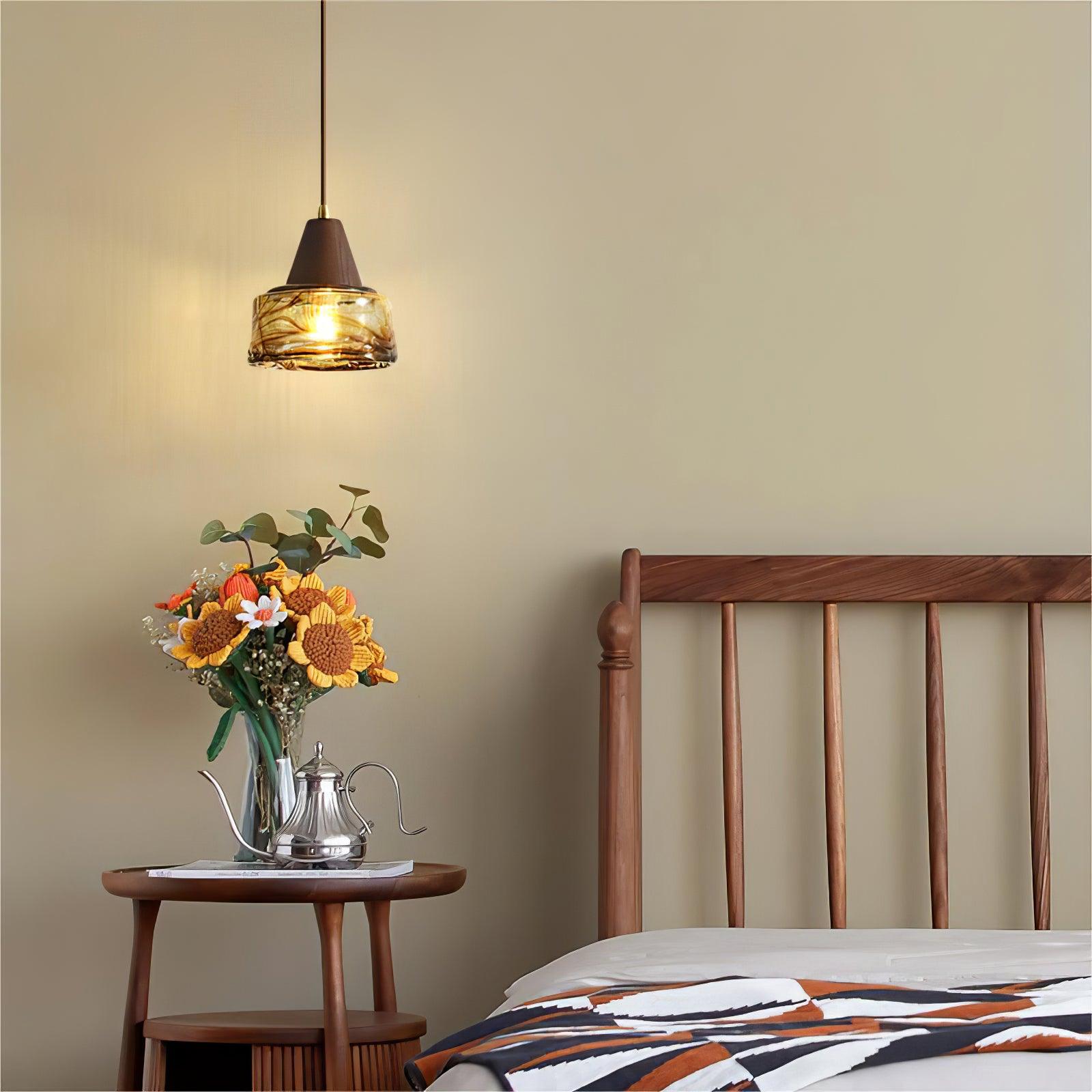 Pendant Lamp Amber Glass Shade Wood Top Vintage Artistic - Letslighting