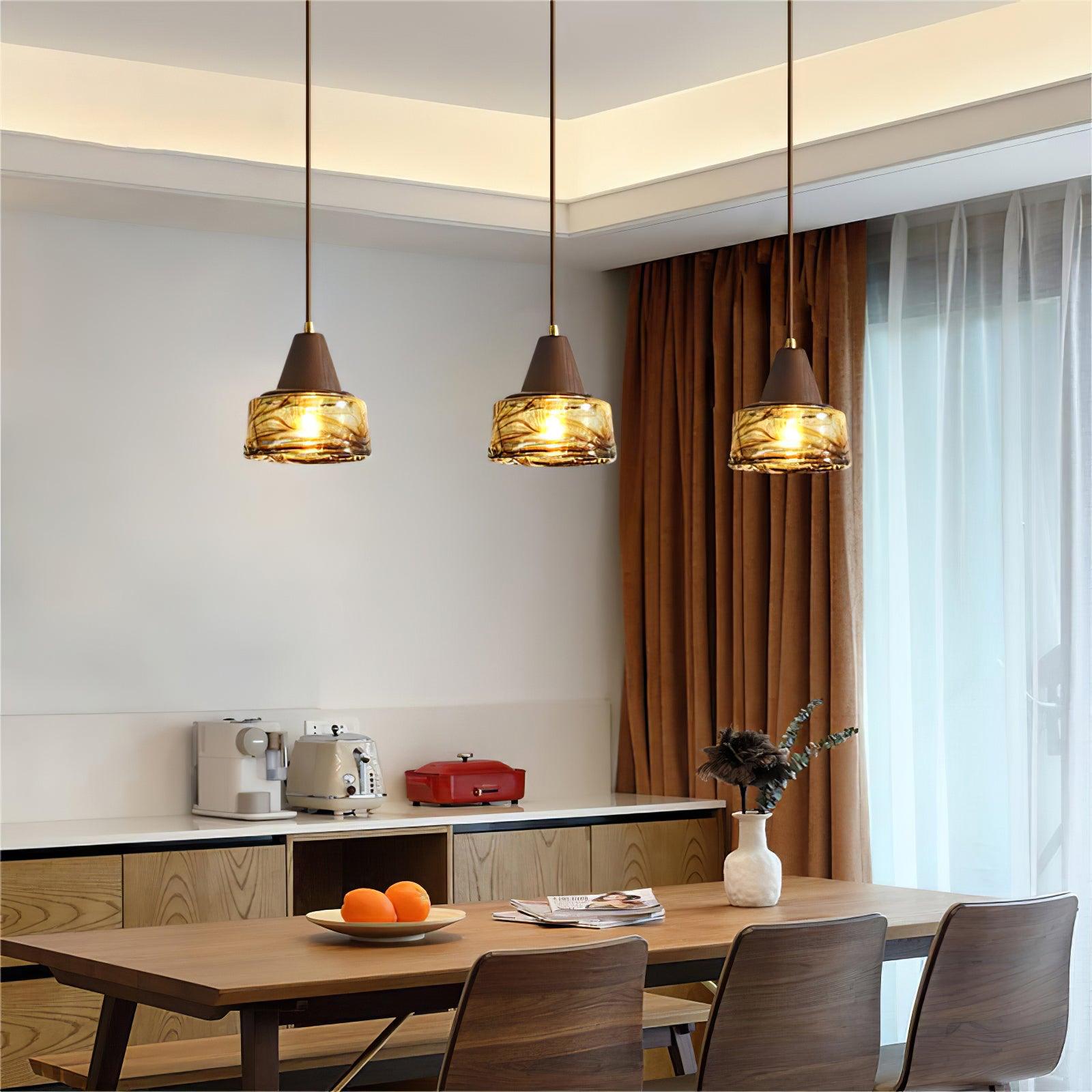 Pendant Lamp Amber Glass Shade Wood Top Vintage Artistic - Letslighting