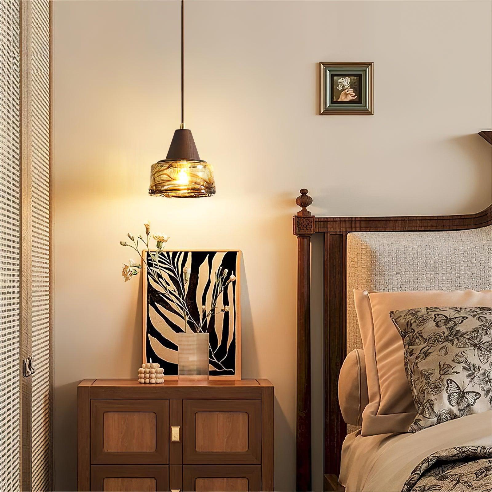 Pendant Lamp Amber Glass Shade Wood Top Vintage Artistic - Letslighting