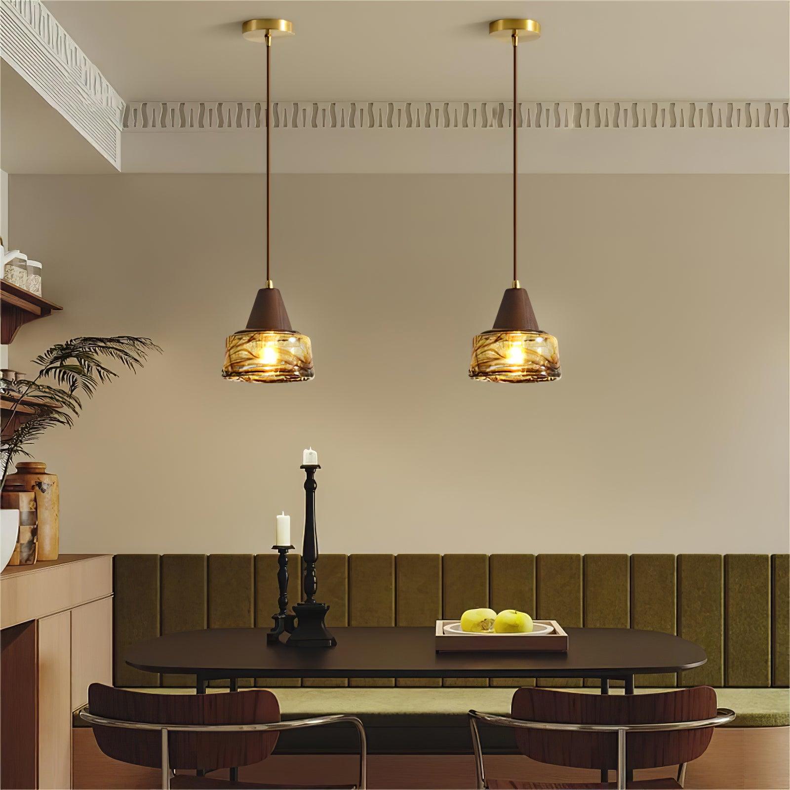 Pendant Lamp Amber Glass Shade Wood Top Vintage Artistic - Letslighting