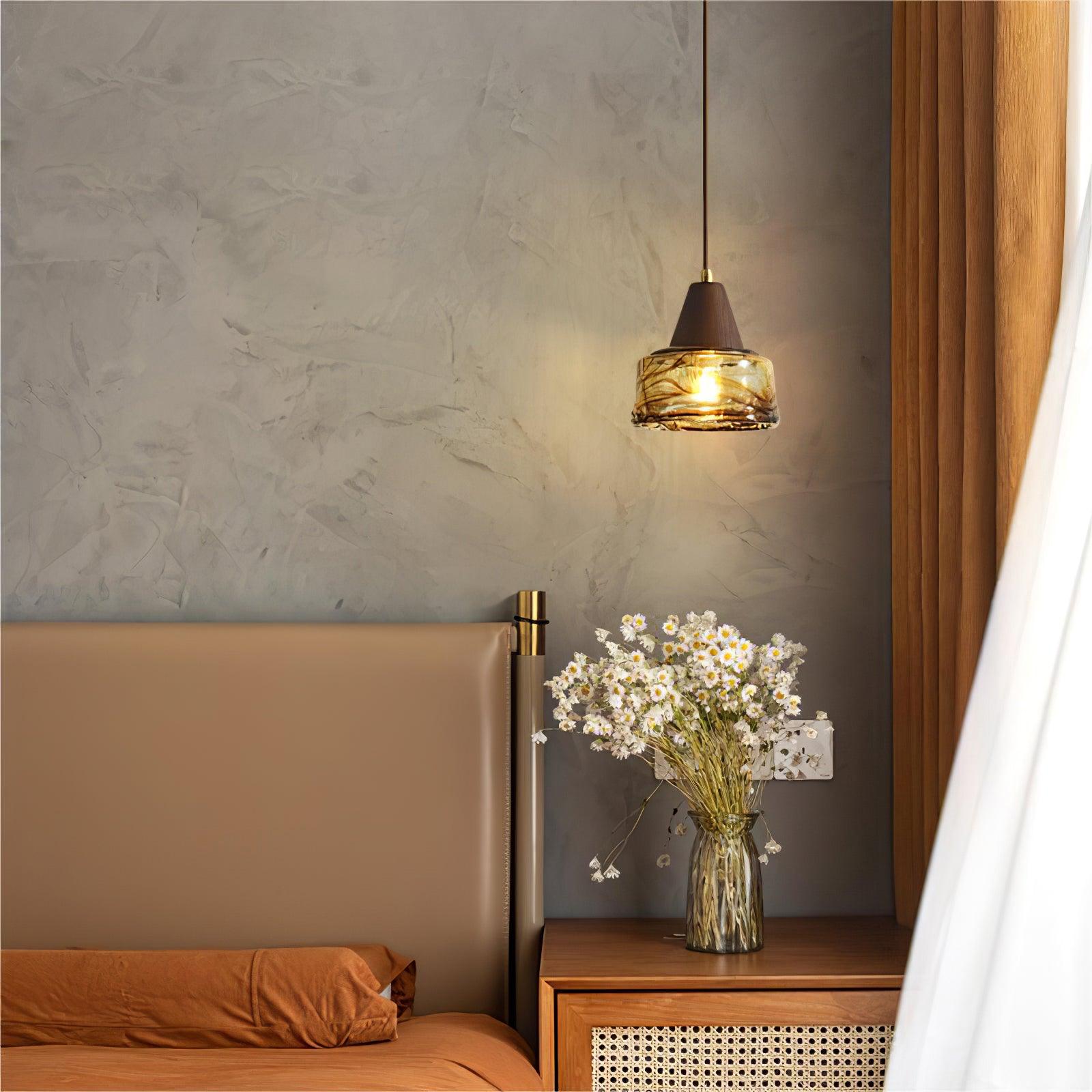Pendant Lamp Amber Glass Shade Wood Top Vintage Artistic - Letslighting