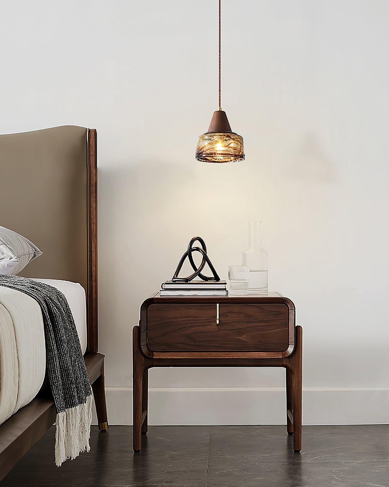 Pendant Lamp Amber Glass Shade Wood Top Vintage Artistic - Letslighting