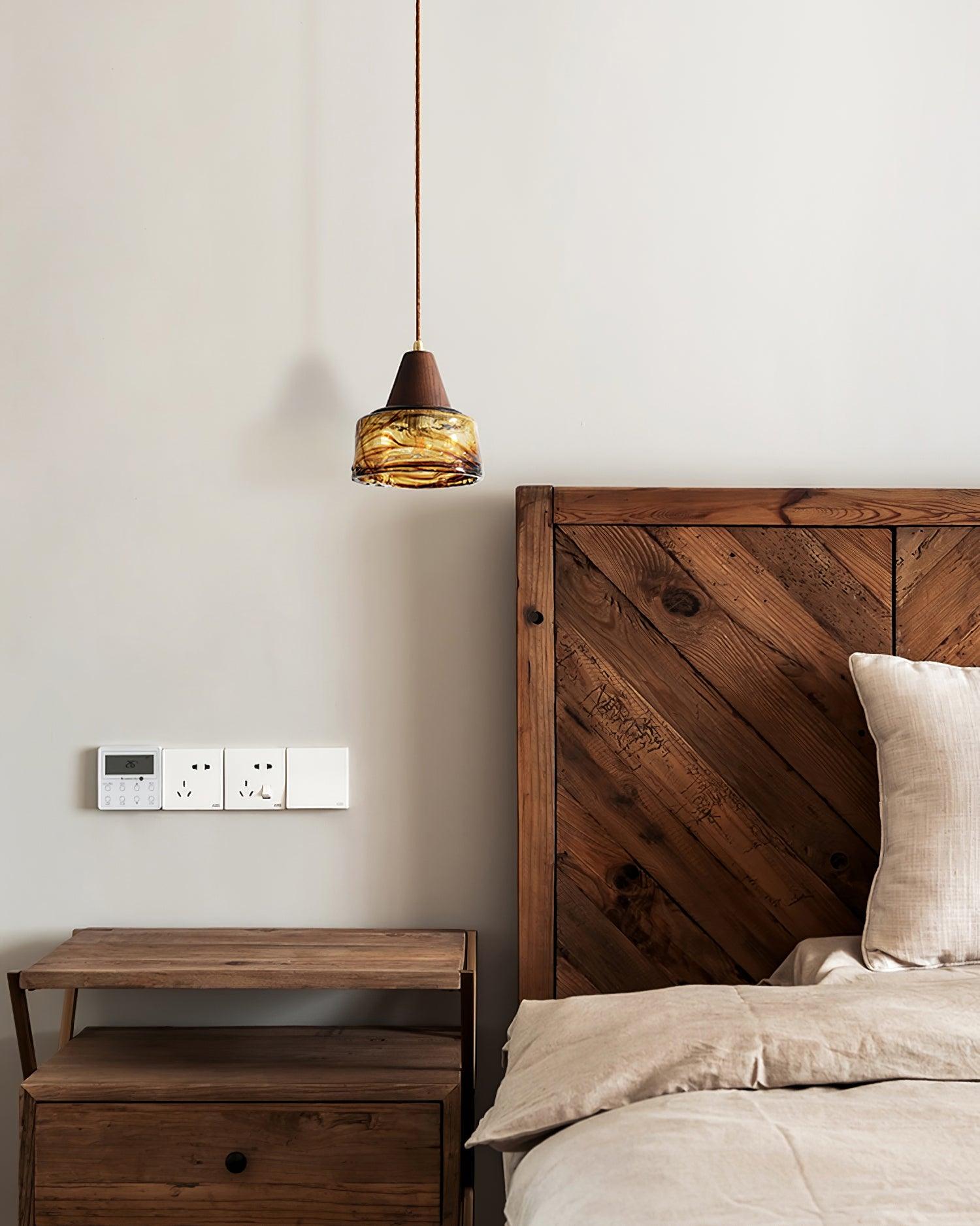 Pendant Lamp Amber Glass Shade Wood Top Vintage Artistic - Letslighting