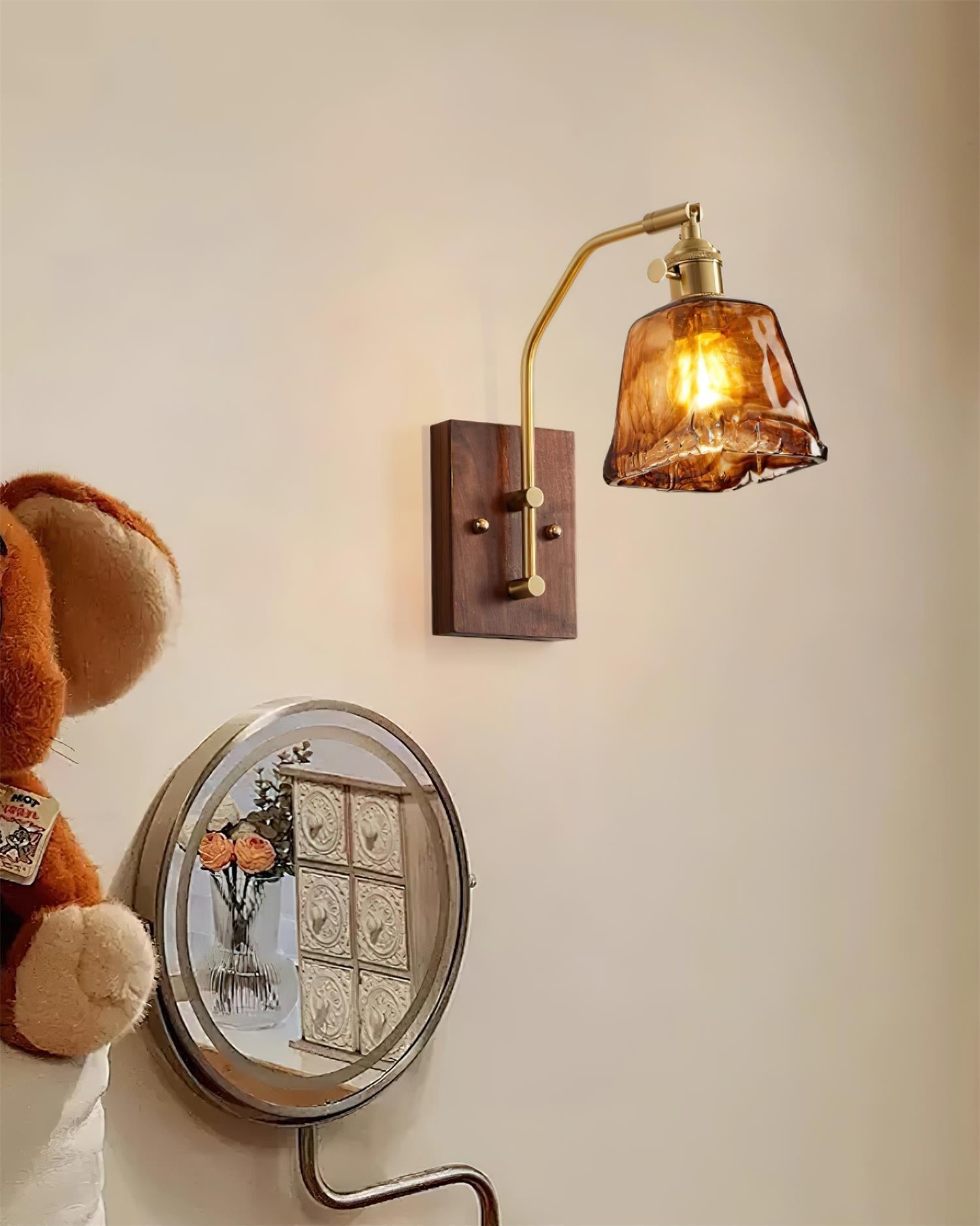 Wall Lamp Brass and Glass with Wood Backplate Vintage Artisan - Letslighting