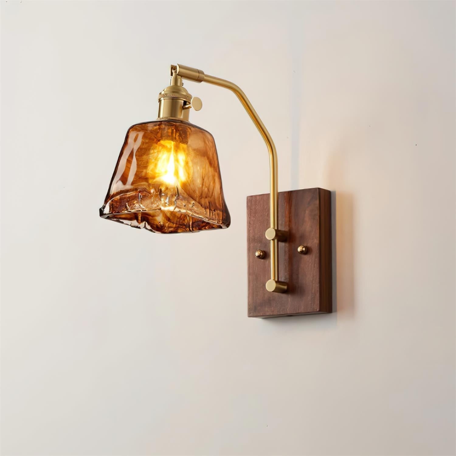 Wall Lamp Brass and Glass with Wood Backplate Vintage Artisan - Letslighting