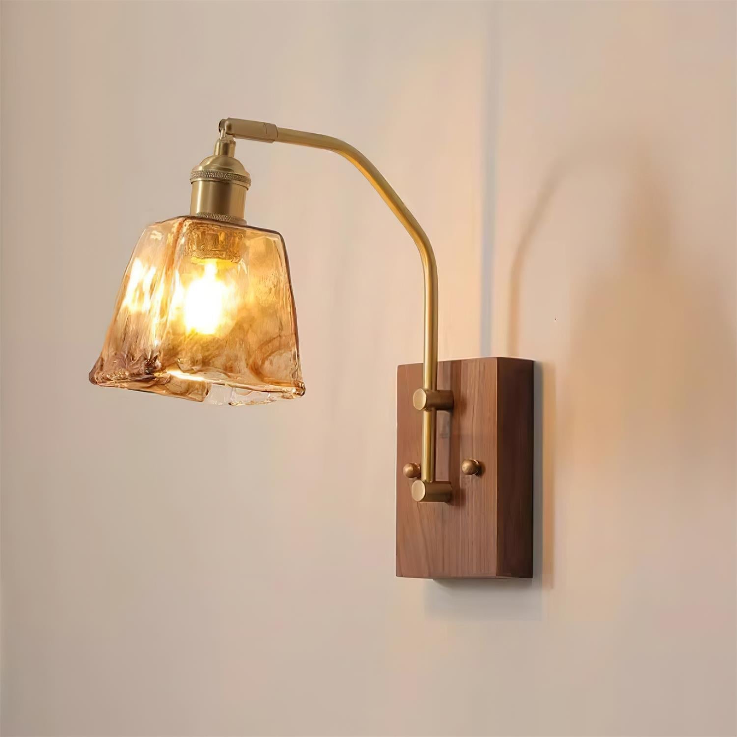 Wall Lamp Brass and Glass with Wood Backplate Vintage Artisan - Letslighting
