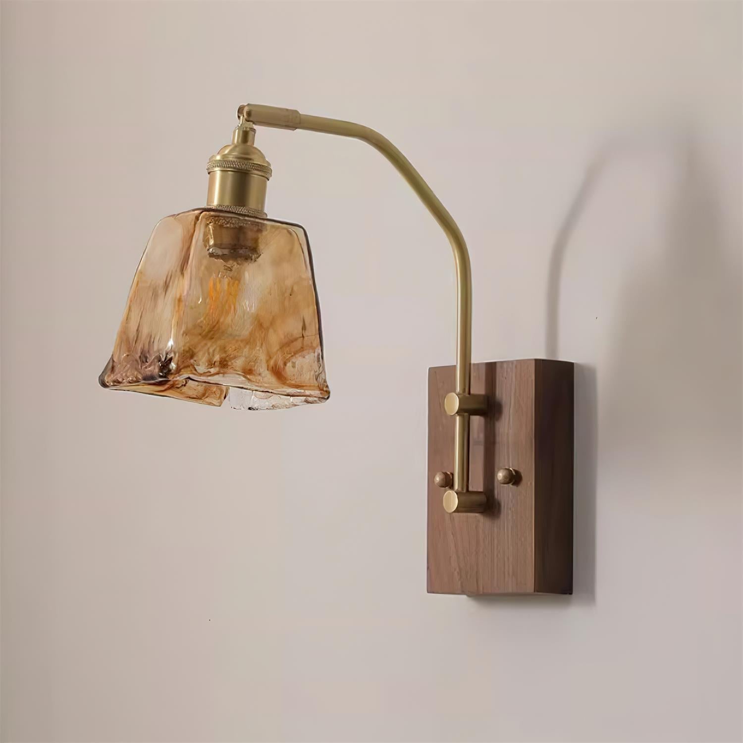 Wall Lamp Brass and Glass with Wood Backplate Vintage Artisan - Letslighting