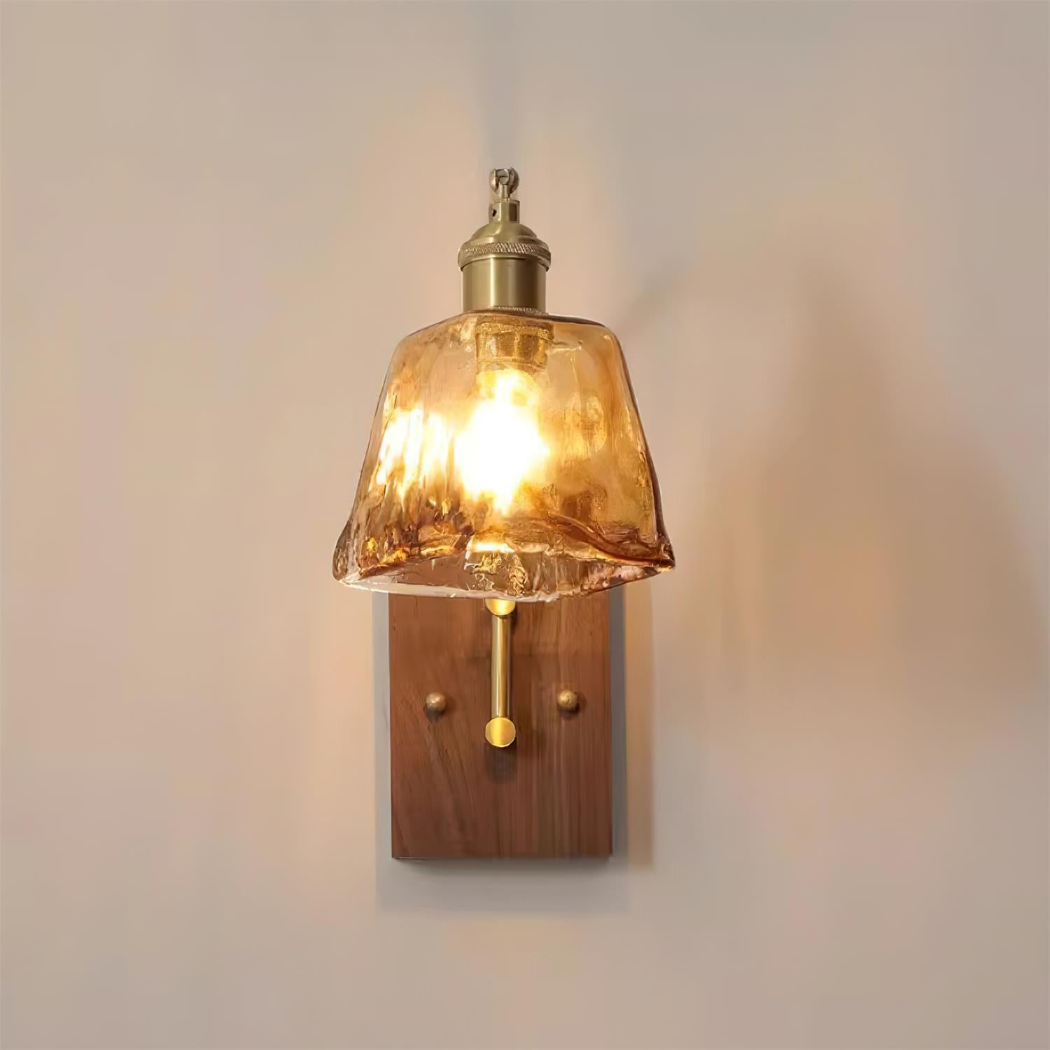 Wall Lamp Brass and Glass with Wood Backplate Vintage Artisan - Letslighting