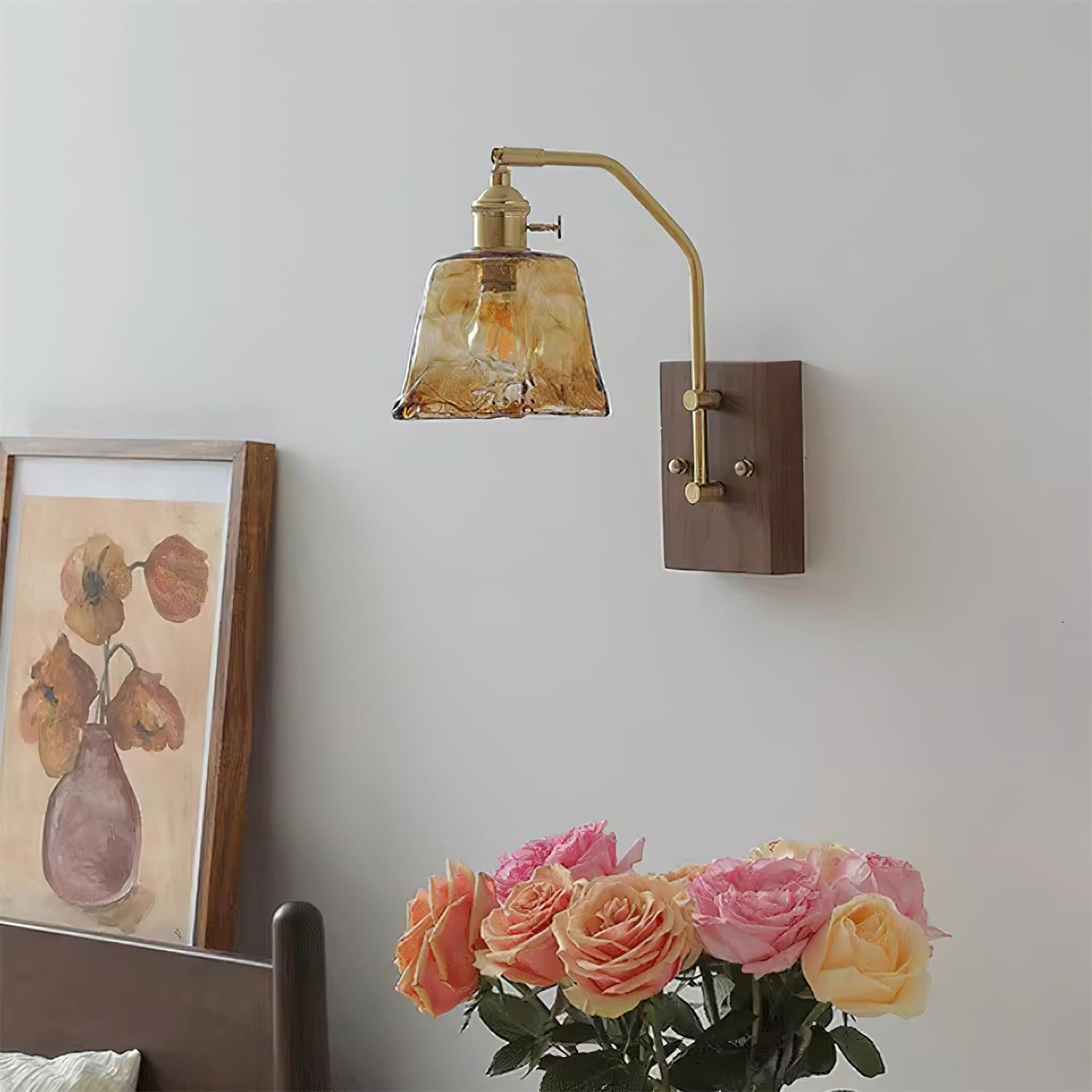 Wall Lamp Brass and Glass with Wood Backplate Vintage Artisan - Letslighting