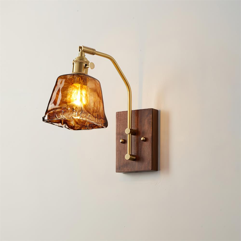 Wall Lamp Brass and Glass with Wood Backplate Vintage Artisan - Letslighting