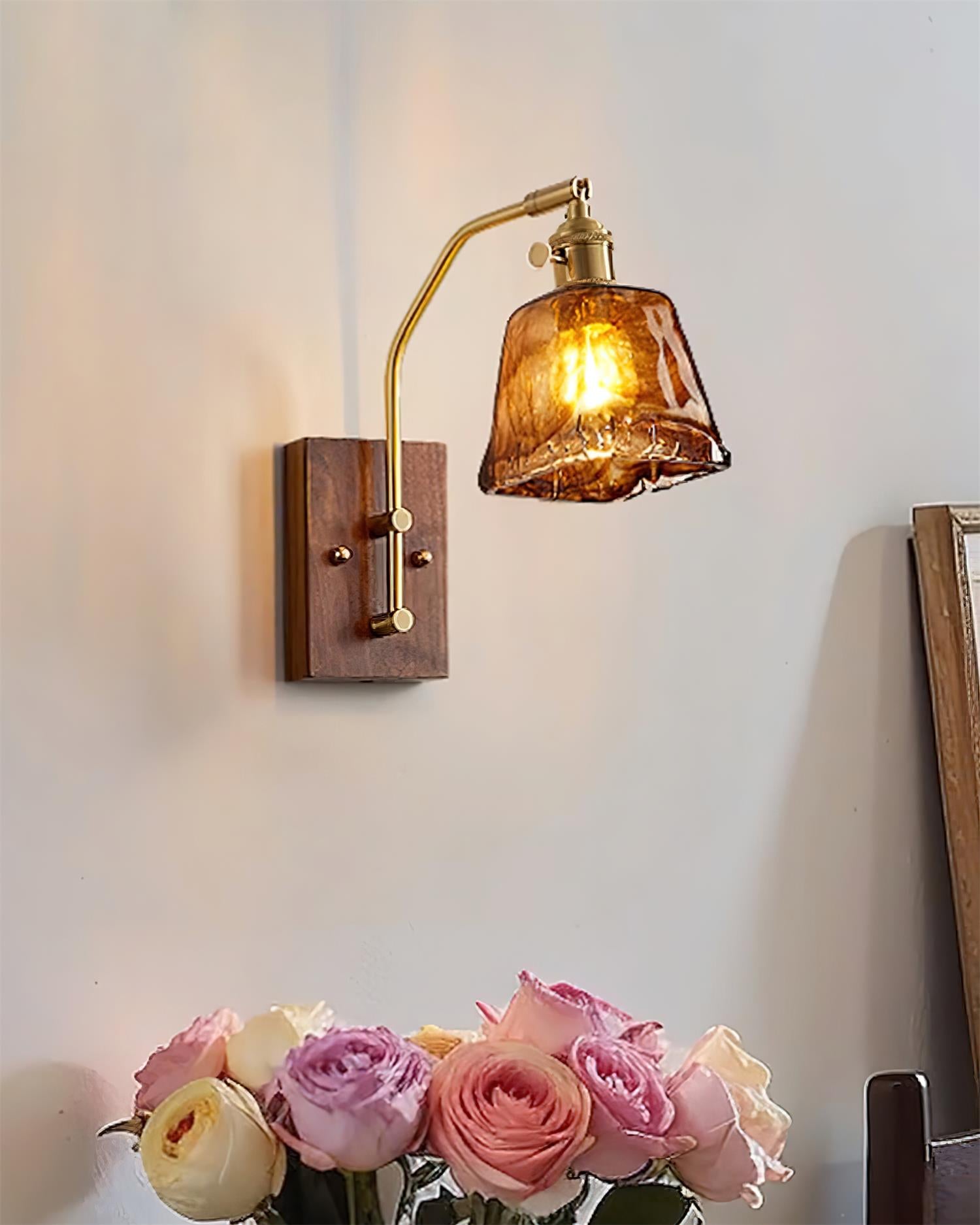 Wall Lamp Brass and Glass with Wood Backplate Vintage Artisan - Letslighting