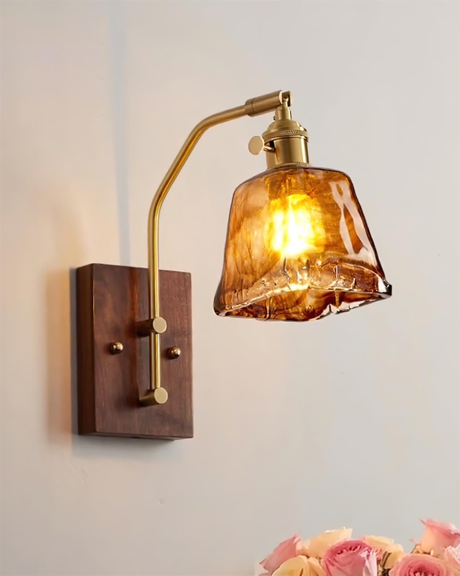 Wall Lamp Brass and Glass with Wood Backplate Vintage Artisan - Letslighting