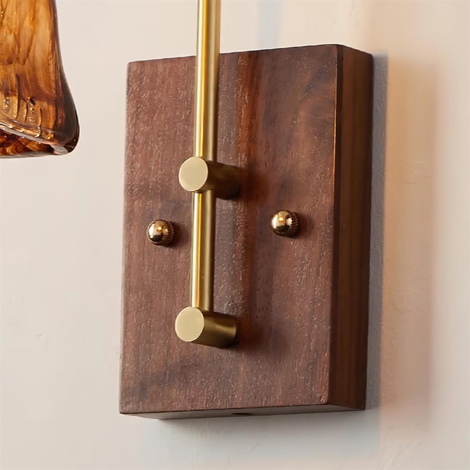 Wall Lamp Brass and Glass with Wood Backplate Vintage Artisan - Letslighting