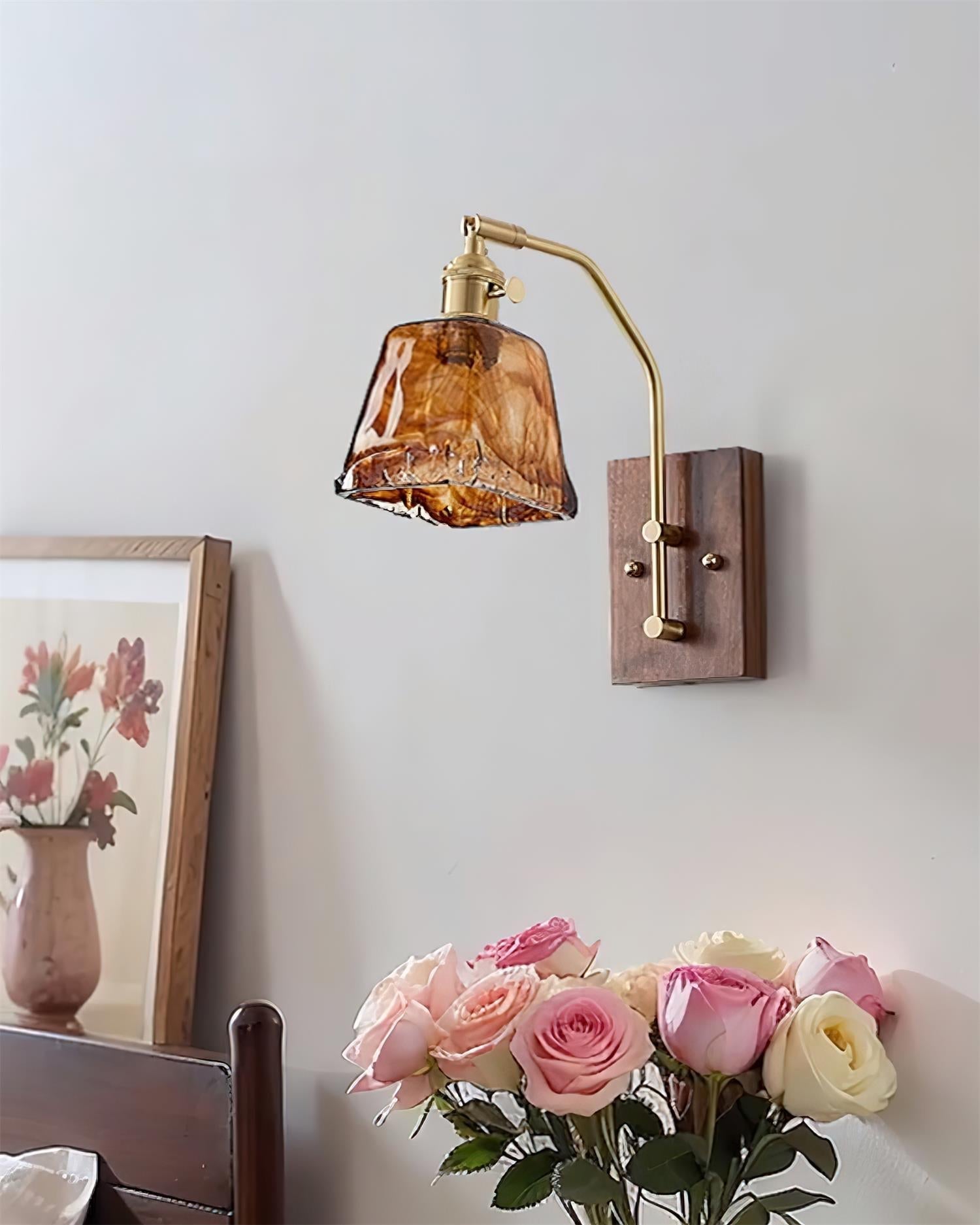 Wall Lamp Brass and Glass with Wood Backplate Vintage Artisan - Letslighting