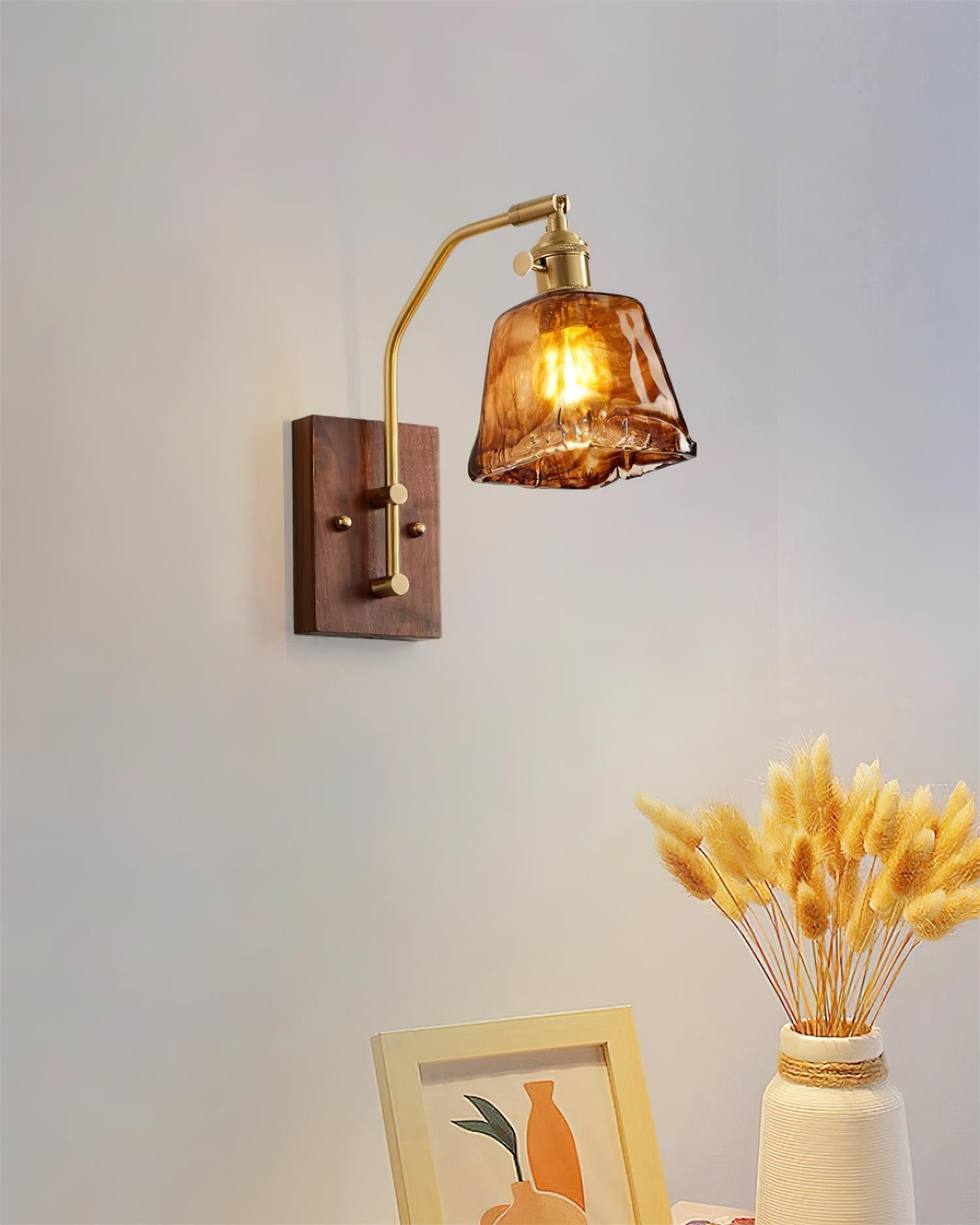 Wall Lamp Brass and Glass with Wood Backplate Vintage Artisan - Letslighting