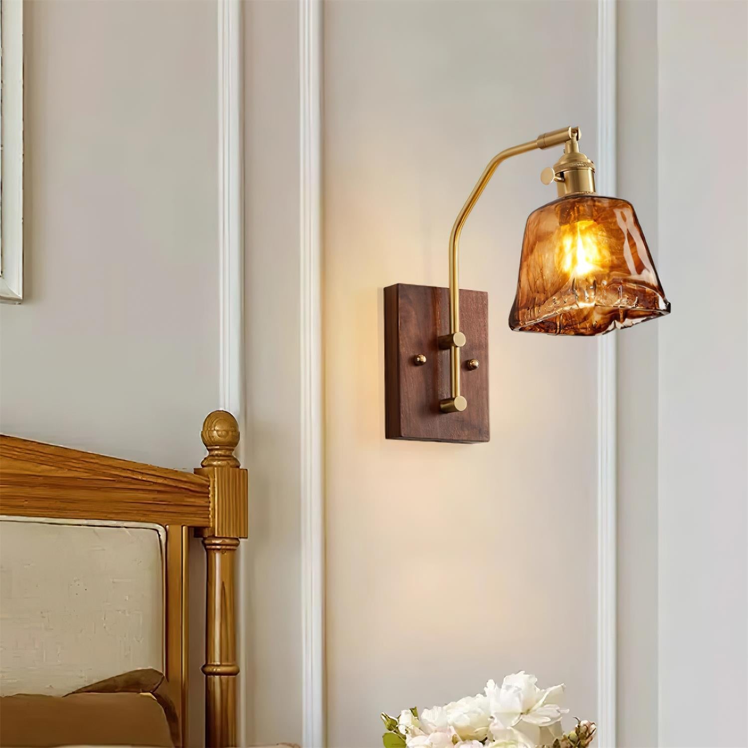 Wall Lamp Brass and Glass with Wood Backplate Vintage Artisan - Letslighting