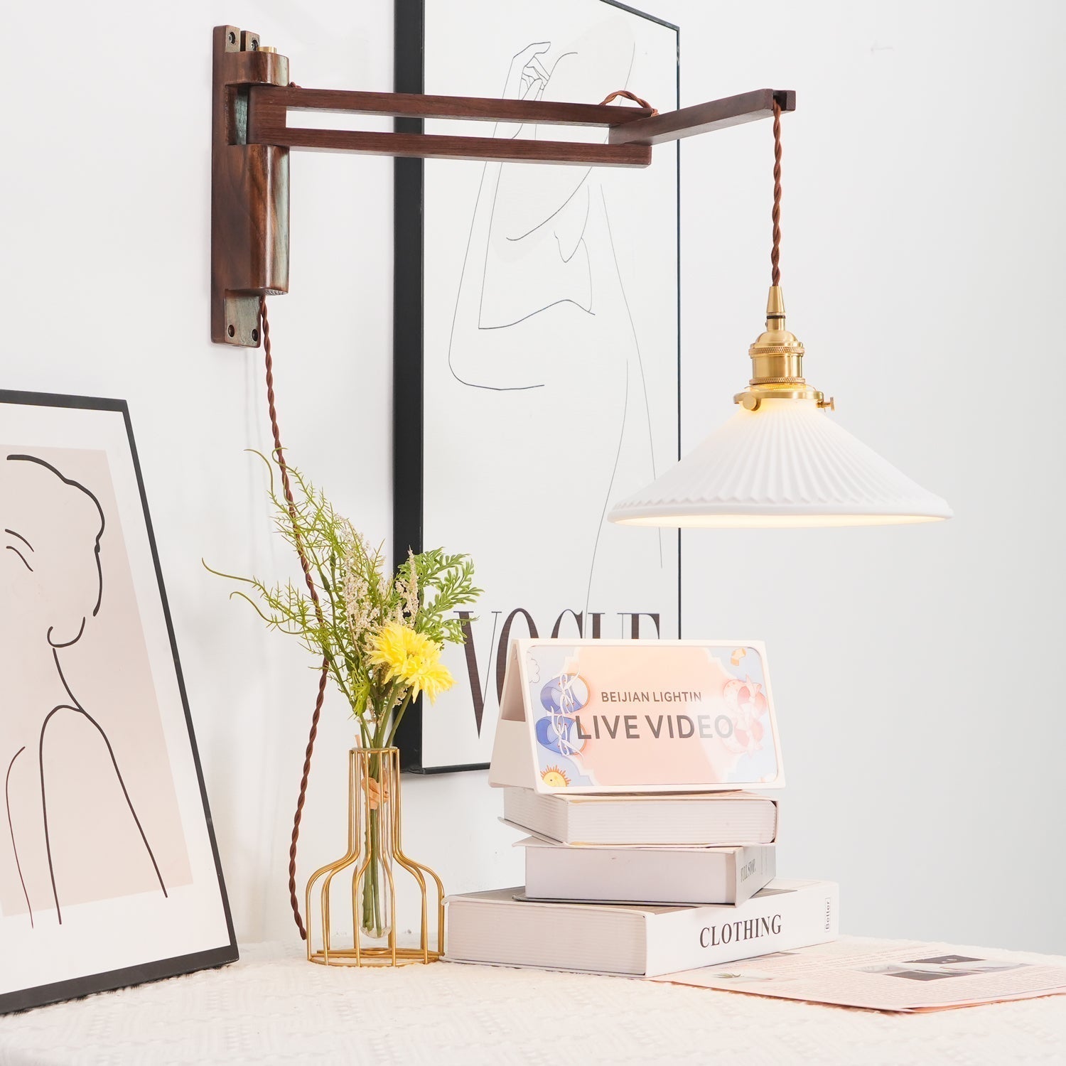 Orphaarae Nordic Art Swing Arm Walnut Ceramic Wall Lamp - Neutralighting