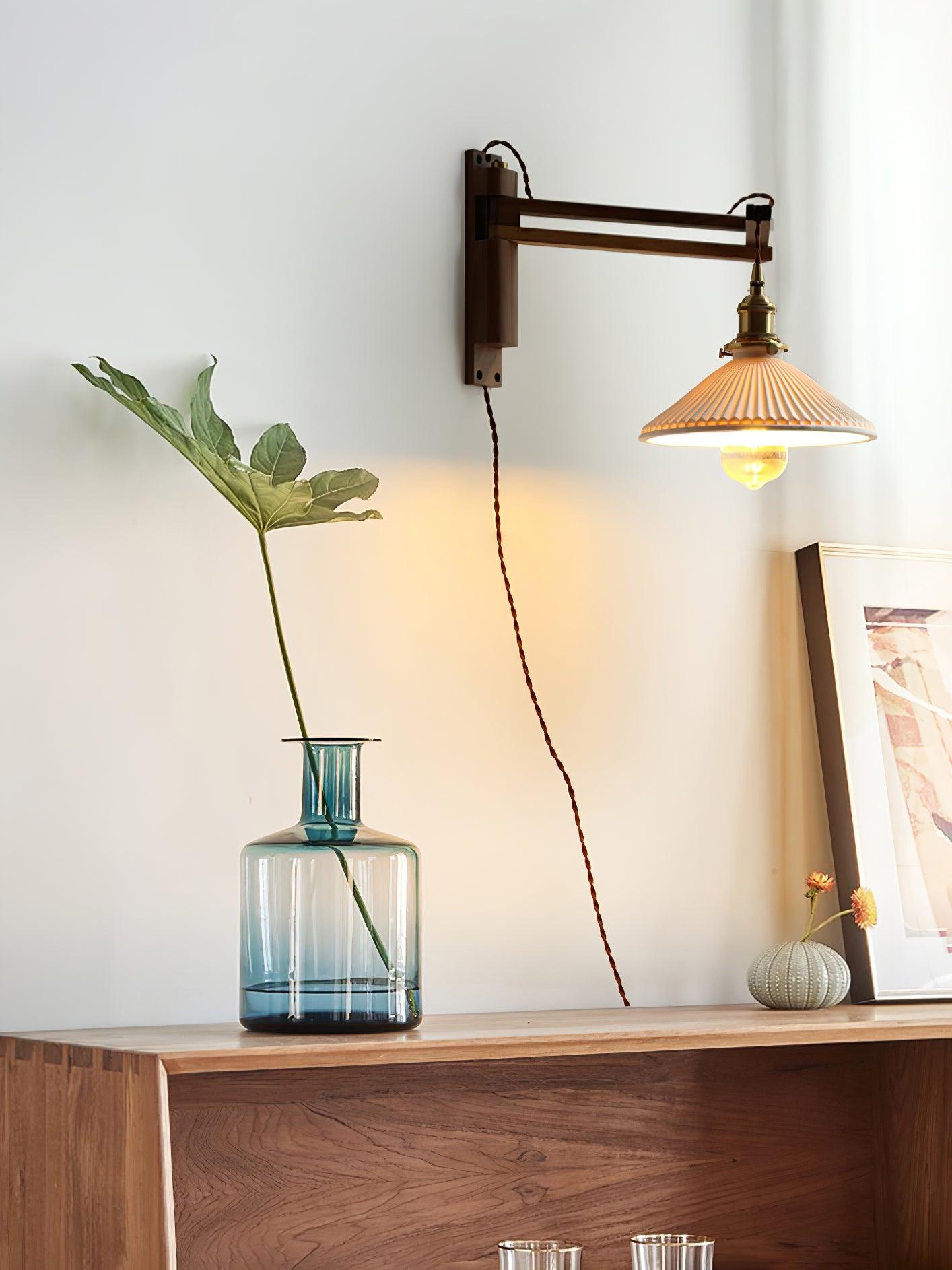 Illaee Nordic Art Swing Arm Walnut Ceramic Wall Light - Neutralighting