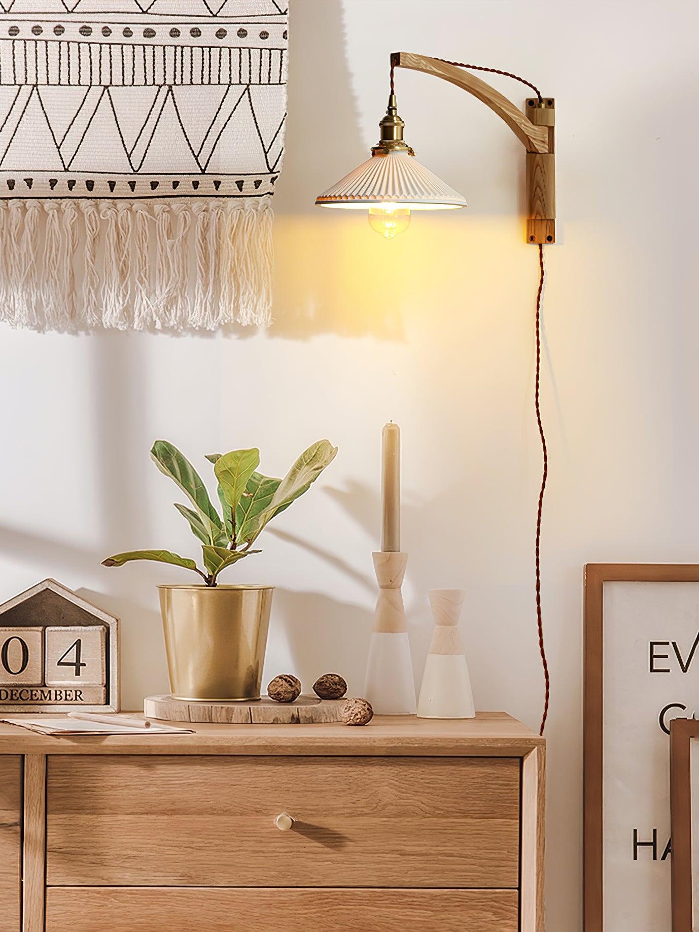 Orphaarae Nordic Art Swing Arm Walnut Ceramic Wall Lamp - Neutralighting