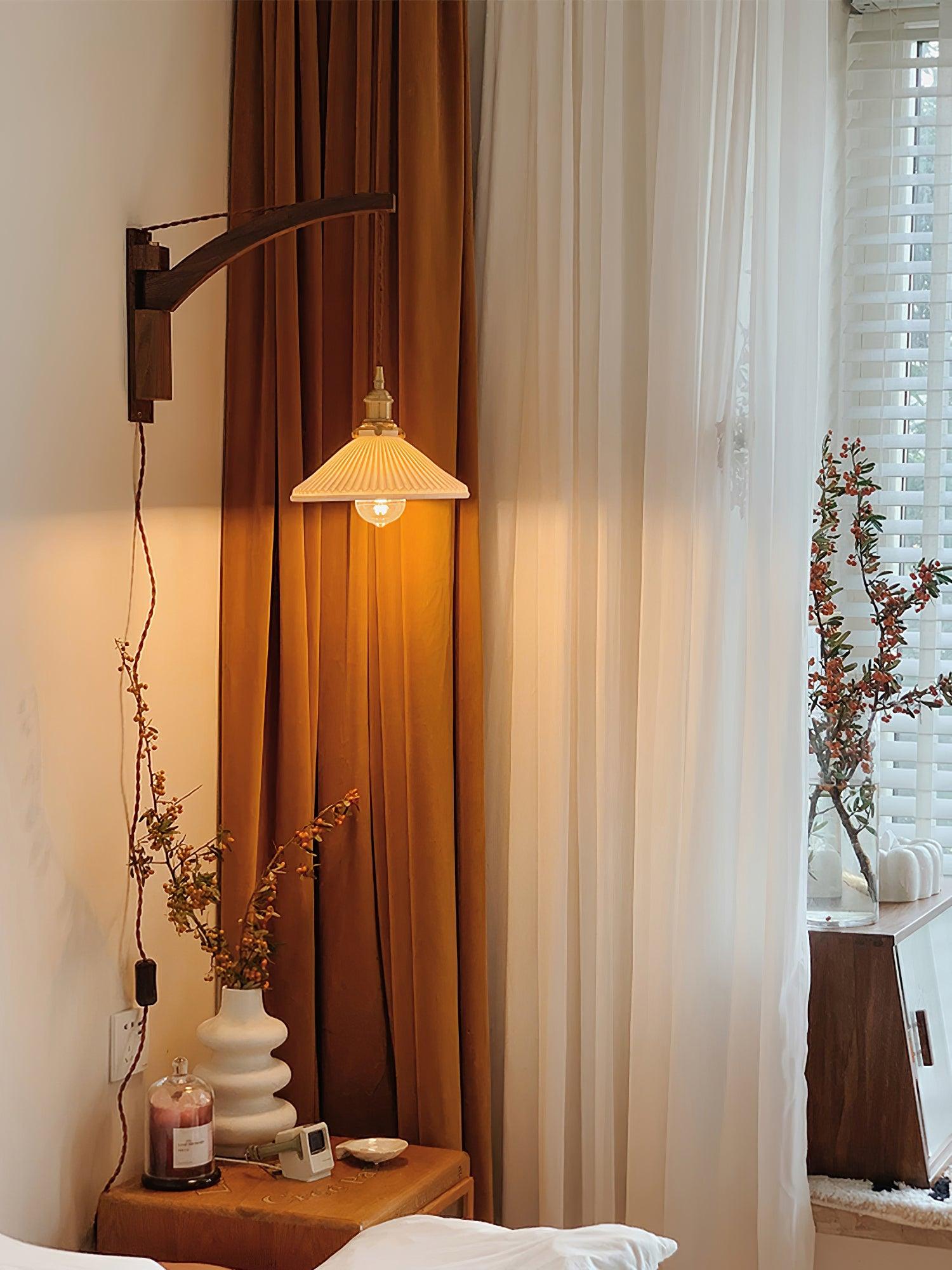 Orphaarae Nordic Art Swing Arm Walnut Ceramic Wall Lamp - Neutralighting