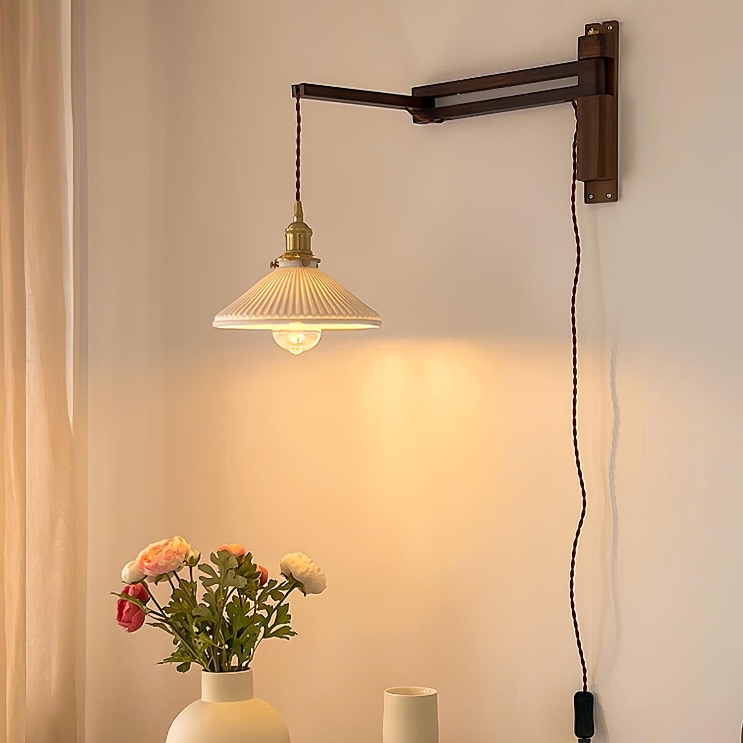 Orphaarae Nordic Art Swing Arm Walnut Ceramic Wall Lamp - Neutralighting