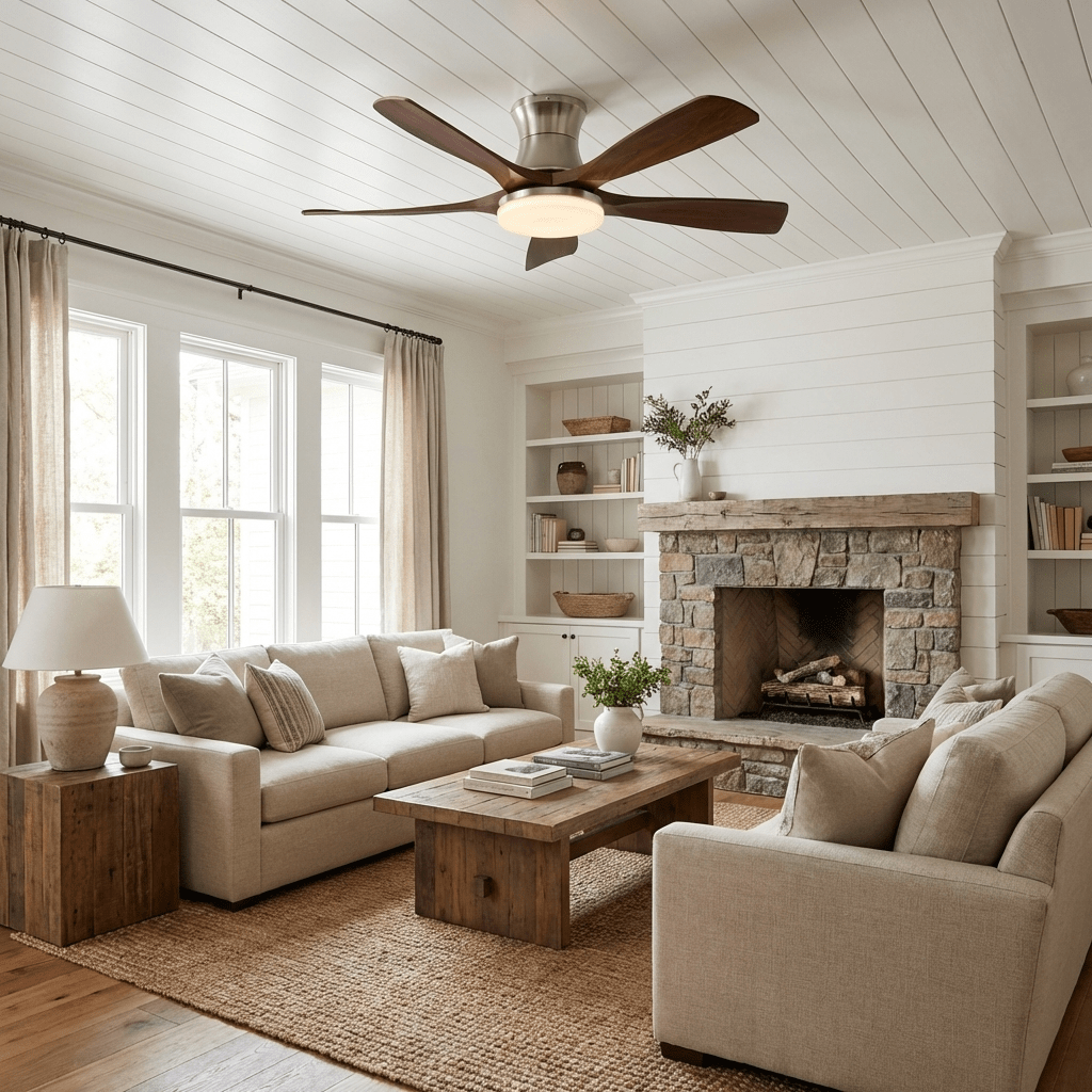 Ventilateur de plafond Hudson avec lumière, montrant 5 pales en ABS et LED intégrée