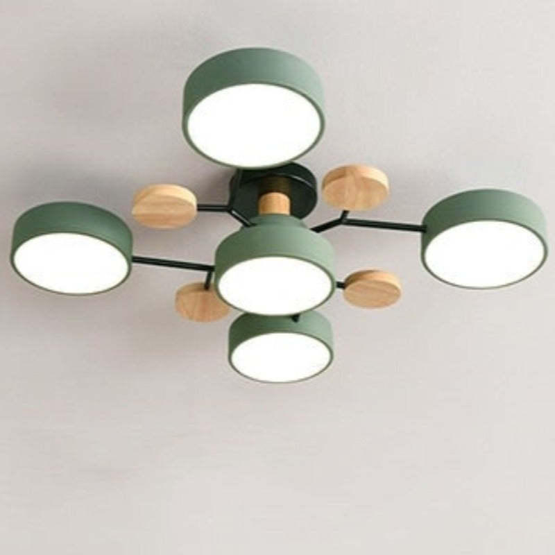 Arisha Plafonnier Rond Moderne, Métal/Bois, Blanc/Vert/Gris, Salon - Neutralighting