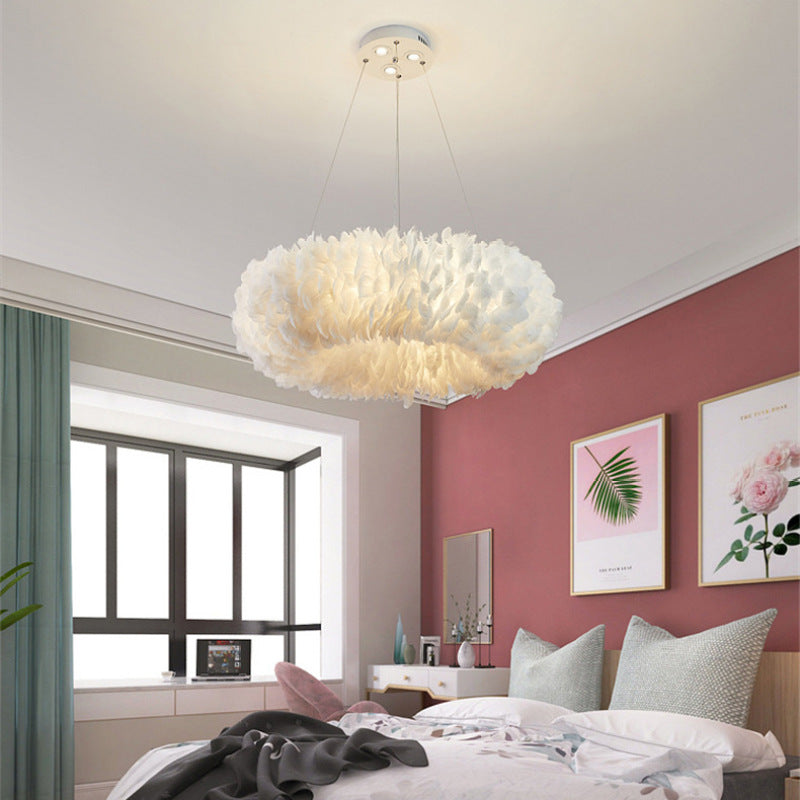 O'Moore Suspension Rond Moderne, Acrylique/Métal/Plume, Blanc, Chambre